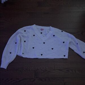 Francesca's Collections White V-Neck Sweater with Black Hearts